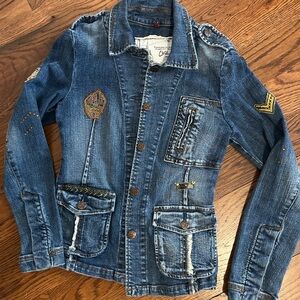 Chiqle Distressed Military Jean Jacket Denim Patches Rhinestones Size S